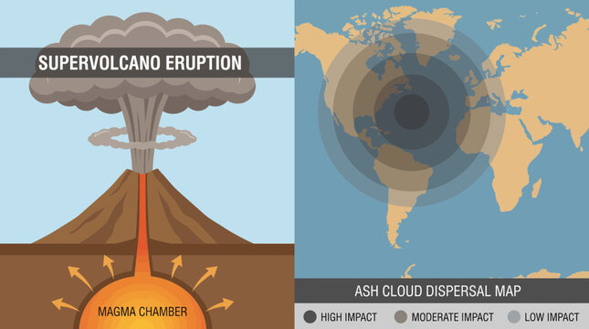 Supervolcano Eruption Diagram with Ash Cloud Dispersal Map
