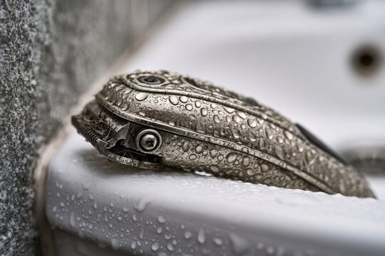 Silver hair clippers resting on a wet sink with water droplets