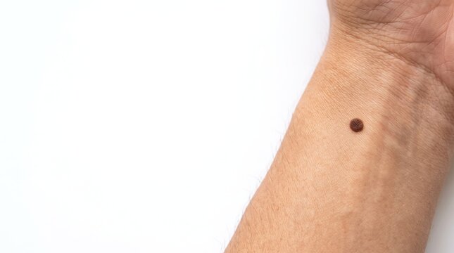 Single round benign melanocytic nevus mole on inner forearm wrist isolated on white