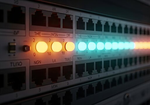 Close-up of Network Switch with Blinking Lights and Data Flow.