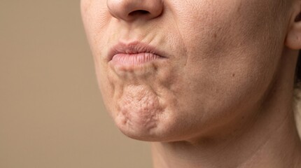 Naklejka premium Close up of woman chin showing pebbled orange peel texture and mentalis muscle strain