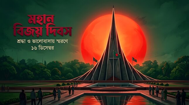 National memorial monument at savar during the victory day of bangladesh 16th december celebration with red sun background