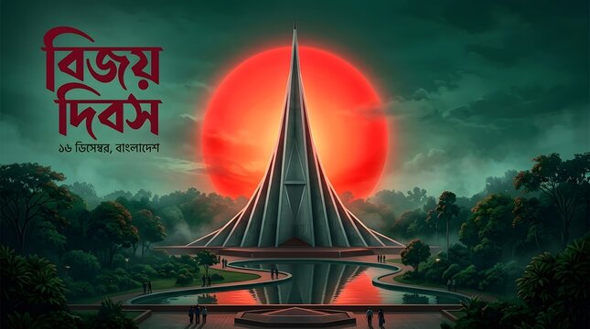 National memorial monument for the victory day of bangladesh 16th december celebration with a bright red sun background