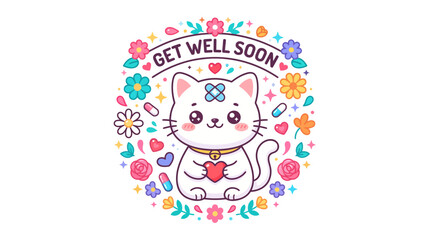 Fototapeta premium Cute cartoon cat vector illustration wearing a small blue bandage on its forehead while holding a red heart surrounded by colorful flowers and medicine pills for a get well message