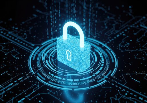 Digital Security Lock Icon on Futuristic Circuit Board Background.