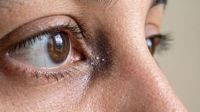Extreme close up of tiny milia white bumps under human eye
