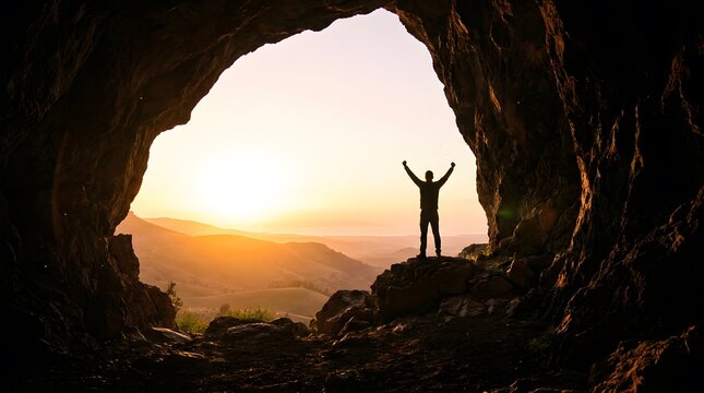 A silhouette of triumph celebrating freedom and overcoming obstacles with a stunning sunset view