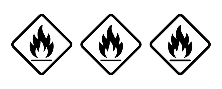 Set of black flammable warning symbols, fire hazard signs on transparent background.