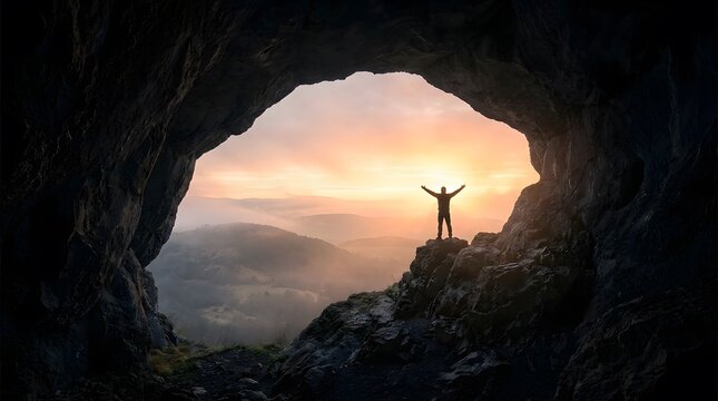 A lone figure emerges from darkness towards a hopeful radiant sunrise symbolizing new beginnings