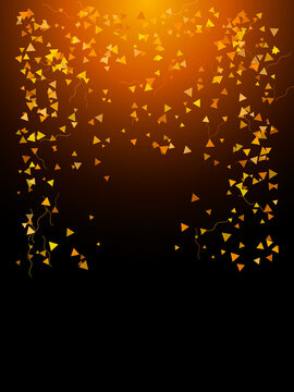 Abstract background with floating yellow triangle confetti particles on a dark orange gradient space