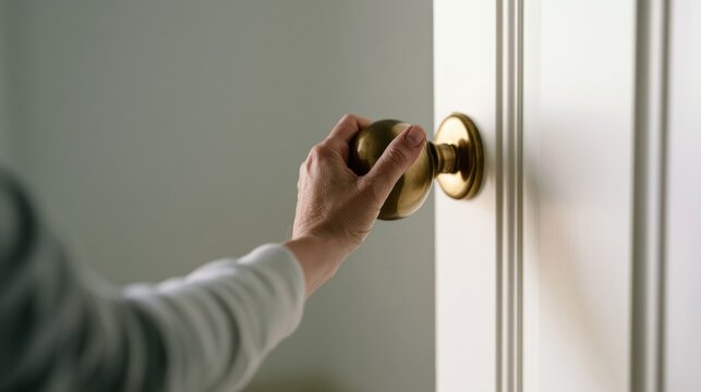 Hand reaching for a brass door knob in a simple room with white walls