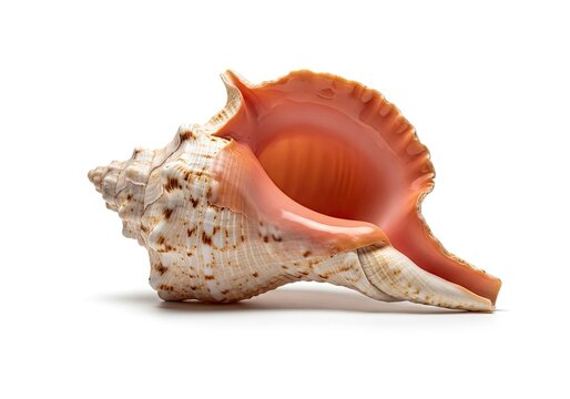 A large, textured conch shell with a vibrant orange interior, isolated on a white background.