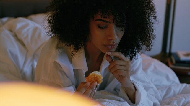 Woman sitting in bed with curly hair holding food while deep in thought during morning time