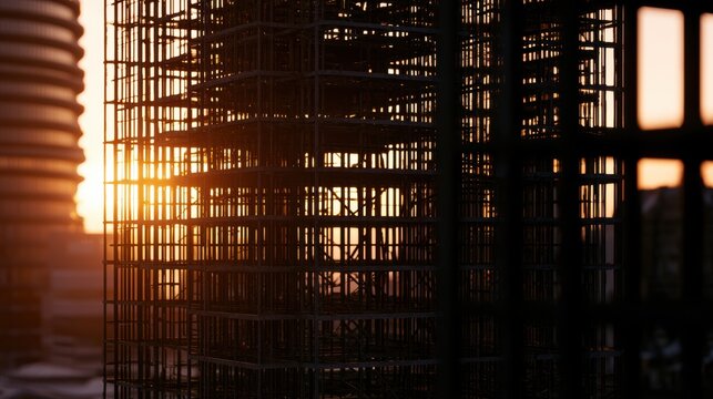 Construction site at sunset with steel framework under warm light