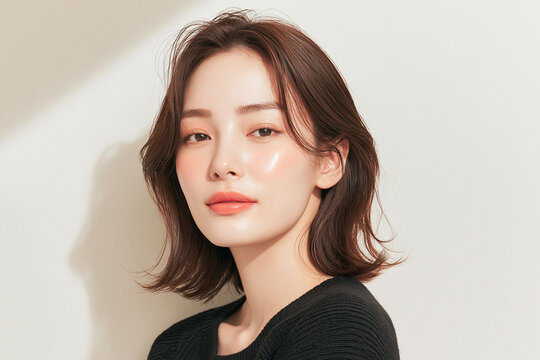 スキンケア, ヘアスタイル, メイク, ファッション, 日本人, 女性, 20代, アジア人, 美人, ポートレート, 美容, 美肌, ナチュラル, 白, 清潔感, 透明感, ライフスタイル, 若い, 可愛い, 清楚, モデル, 屋内, 明るい, 柔らかい光, コピースペース, 広告, ウェブ素材, 化粧品, エステ, 健康, 爽やか, 上品, 微笑み, 視線, 高画質, z世代, 都会的, トレ