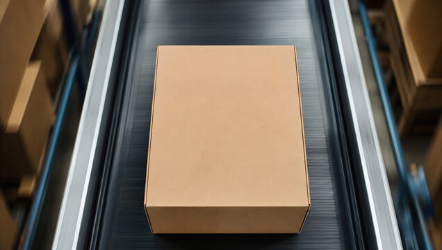 Cardboard package on moving conveyor belt during warehouse distribution and delivery preparation, viewed from above with industrial efficiency