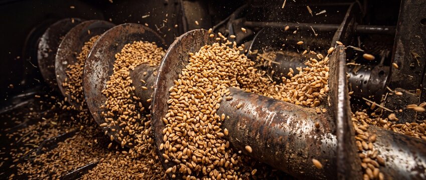 Industrial metal auger conveyor moves golden wheat grains through processing machinery inside grain elevator or food storage silo.