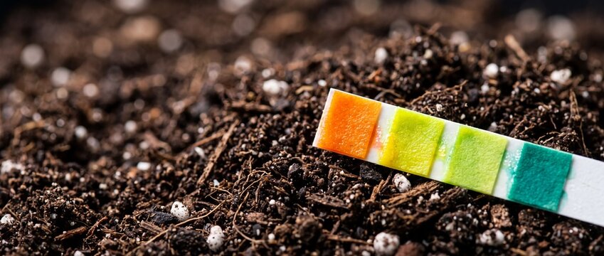 Litmus paper test strip lying on dark organic soil shows colorful ph scale results for agricultural ground quality measurement.