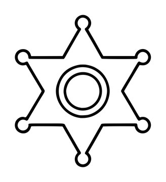 Minimalist black and white vector icon illustration of a six-pointed sheriff badge with circular tips and a central ring, perfect for law enforcement, security, police, and legal authority themes.