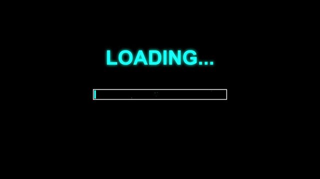 Digital loading progress bar animation with bright cyan glow neon text effect on black background for software installation or website page buffering status visual.