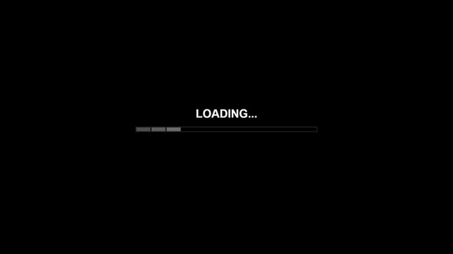 Loading bar animation with white blocks filling up progress indicator on black background for software interface or digital data transfer visual design element.