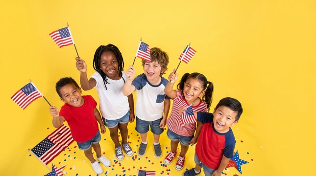 A diverse group of six smiling children waving American flags with confetti scattered around them. They are standing on a bright yellow background, conveying a sense of patriotic celebration