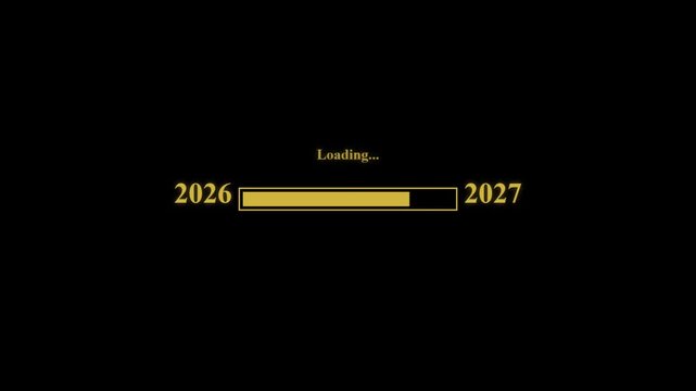 A captivating digital animation showing 2026 loading bar transitioning to 2027 on black background, dynamic golden year change motion graphic for new year celebration.