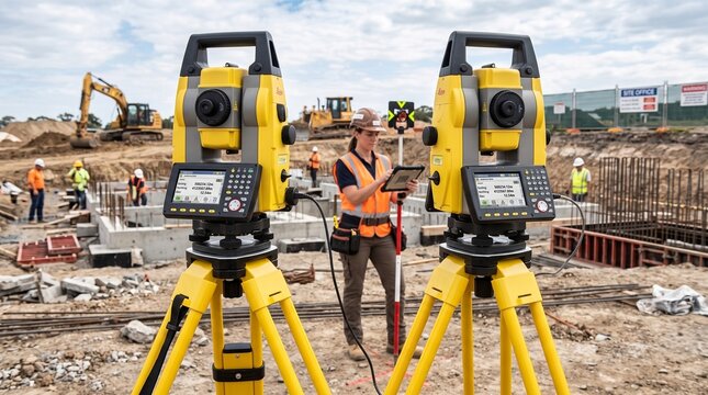 Two yellow surveying total stations with digital screens stand on tripods at a construction site, with workers and machinery in the background