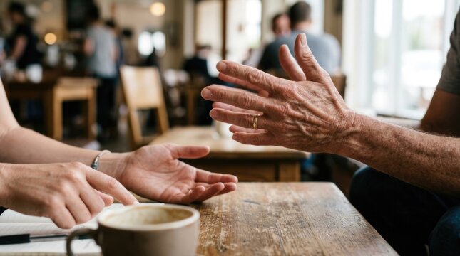 Expressive human gesture: active dialogue, coffee discussion, partner negotiation, verbal agreement, generation connection, silent speech, mature perspective, social bond.