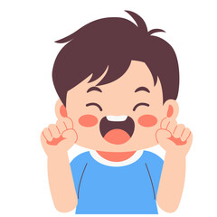 Happy elementary school boy cheering, cute 2D vector character for personalized name labels.