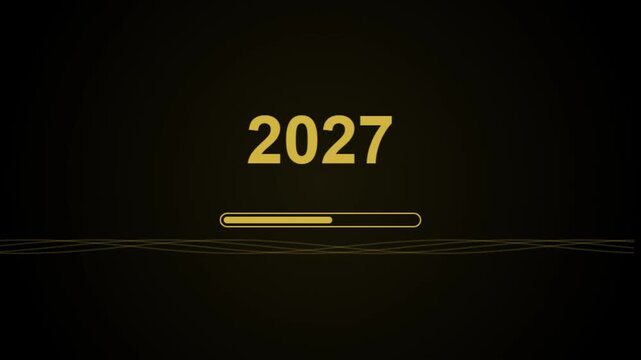 Digital loading bar animation counting up to year 2027 with smooth motion progress on dark background showing future progress and futuristic data processing theme.
