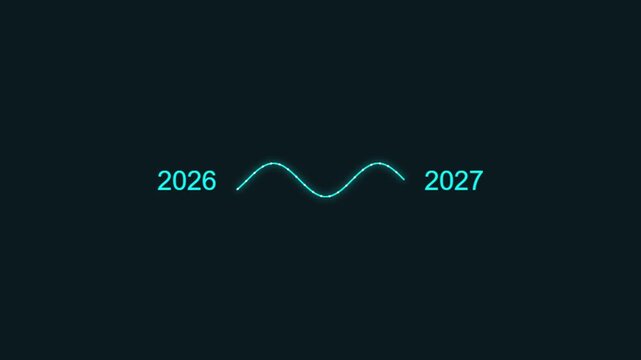 Neon waveform connects two years 2026 and 2027 symbolizing transition and future with glowing lines on dark background.