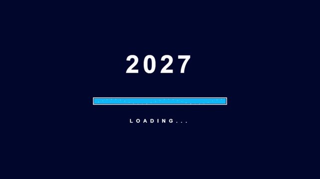 Loading progress bar for year 2027 shows blue motion graphics on dark background representing time countdown and future transition for digital project applications.