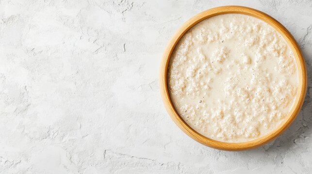 Creamy textured batter bubbles in a round wooden bowl atop a light textured surface.
