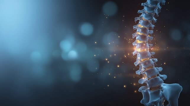Human spine with glowing particles in the background.
