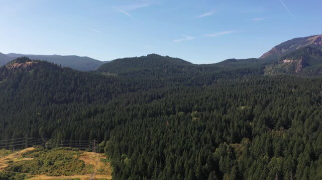 4K aerial drone footage panning over evergreen forests and Table Mountain summit in Columbia River Gorge, Washington, USA, scenic Pacific Northwest nature, travel and adventure landscape