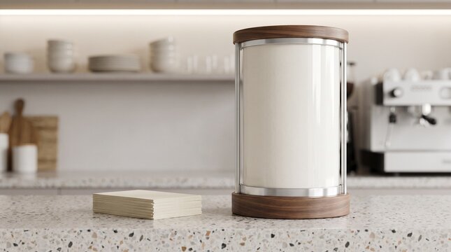 Modern ticket dispenser on a service counter in a minimalist cafe or office interior