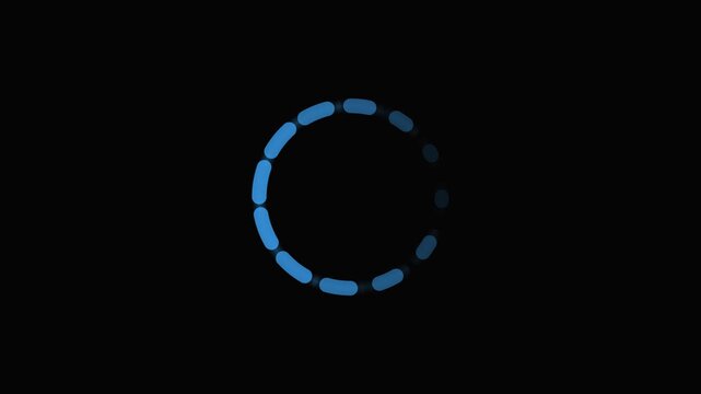 Loading circle animation with rotating blue segments on black background modern digital waiting icon for web interface and software application user experience design.