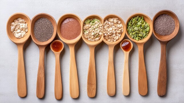 Eight wooden spoons filled with healthy ingredients including oats chia seeds pumpkin seeds and liquid sweetener arranged in a row on a textured surface.