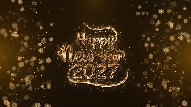 Luxury golden 2027 New Year script shines inside flowing decorative lines as snow crystals and glitter fill the display. Perfect for seasonal cards, midnight events, social posts and party promotions.
