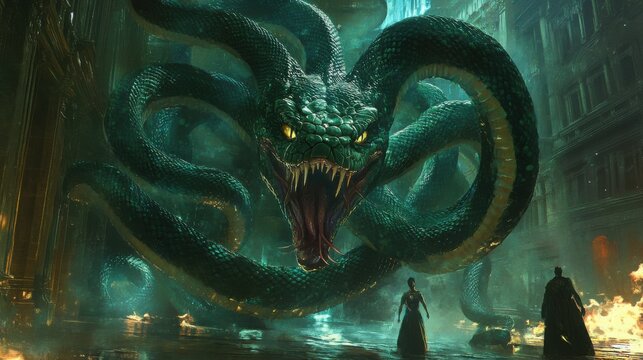 Giant snake monster with sharp fangs looms over a city street at night in a cinematic fantasy action scene.