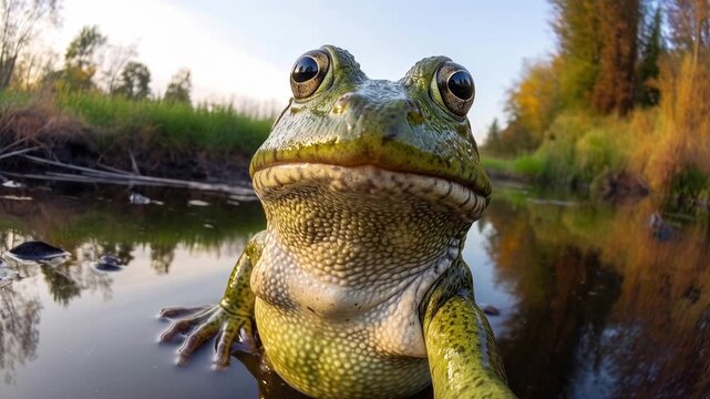 Close-up of a frog sitting in shallow water with a natural background