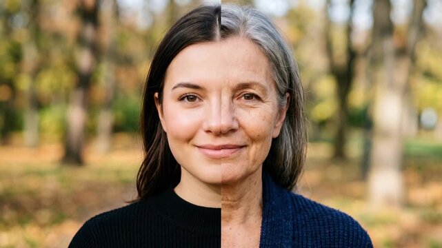 Two women with graying hair smiling outdoors in autumn park. Split screen of a young and older woman