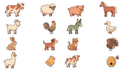 Naklejka premium Farm Animal Set with Cow, Sheep, Pig, Horse, Chicken, and Duck for Farming and Children Designs