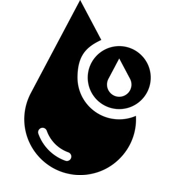 Black liquid drop with smaller droplet symbol inside a circular element. Minimal vector illustration for fluid and water concepts.
