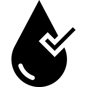 Black liquid drop with check mark symbol. Minimal vector icon representing approved liquid, quality or verification.