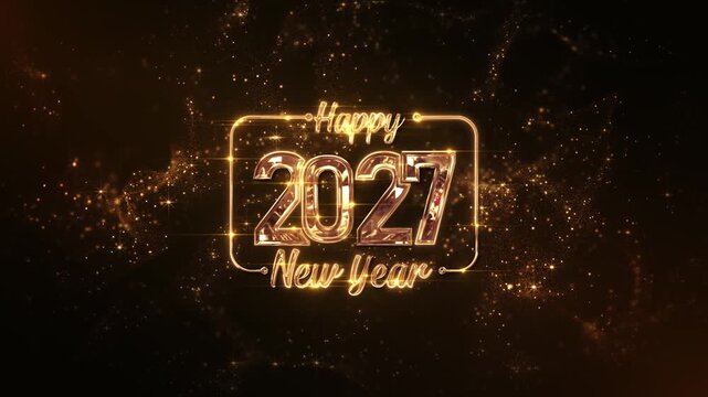 Metallic 2027 numerals glow within a refined golden border while sparkling dust and radiant stars fill a starry background. Perfect for midnight celebrations, premium cards and holiday advertising 4K.