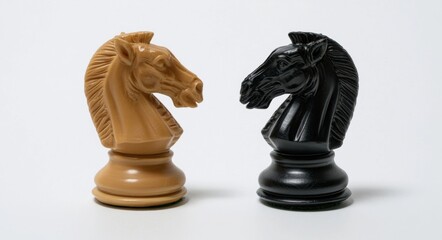 Naklejka premium Two chess knight pieces facing each other on a plain surface