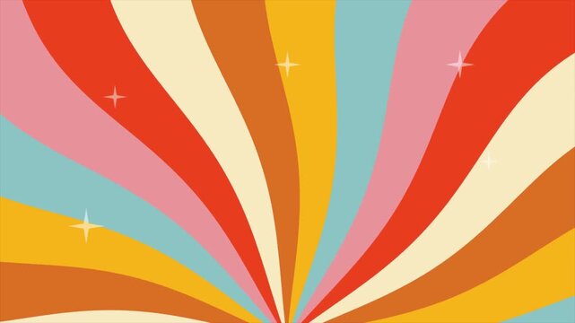 Retro colorful sunburst background with groovy rainbow rays and stars