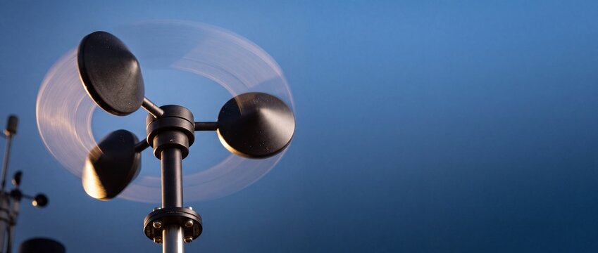 Spinning black anemometer cups measure wind speed against clear blue sky at weather station for precise meteorological data tracking.